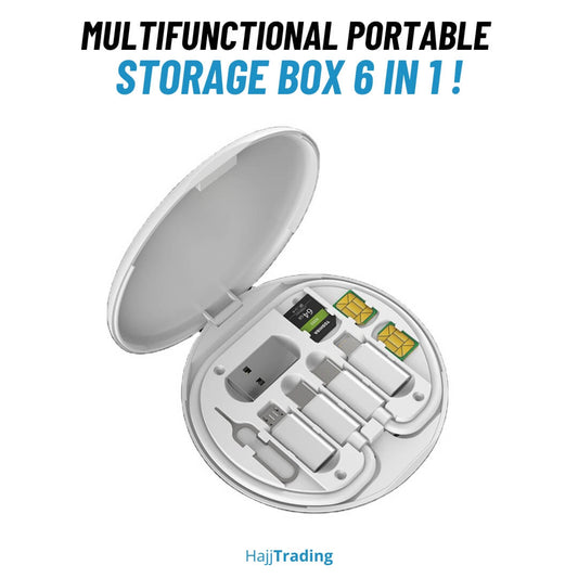 6-in-1 Portable Storage Box – SIM, Cable, Converters & Phone Stand