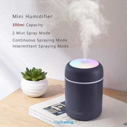 Mini Ultrasonic Air Humidifier – 300ml, USB Powered, LED Light