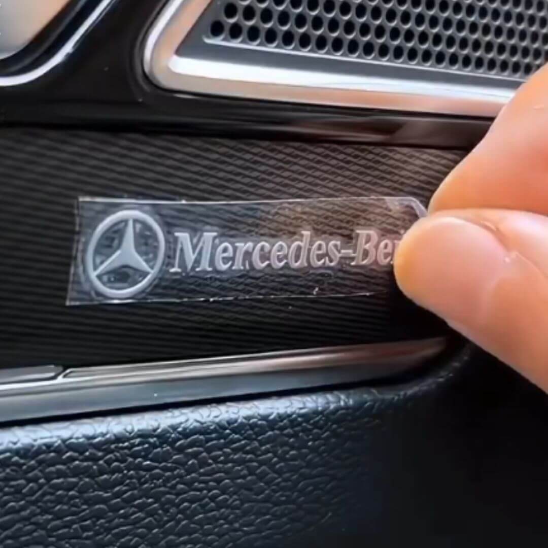 Metallic Logo Mini Car Stickers – Set of 4, Waterproof, Silver