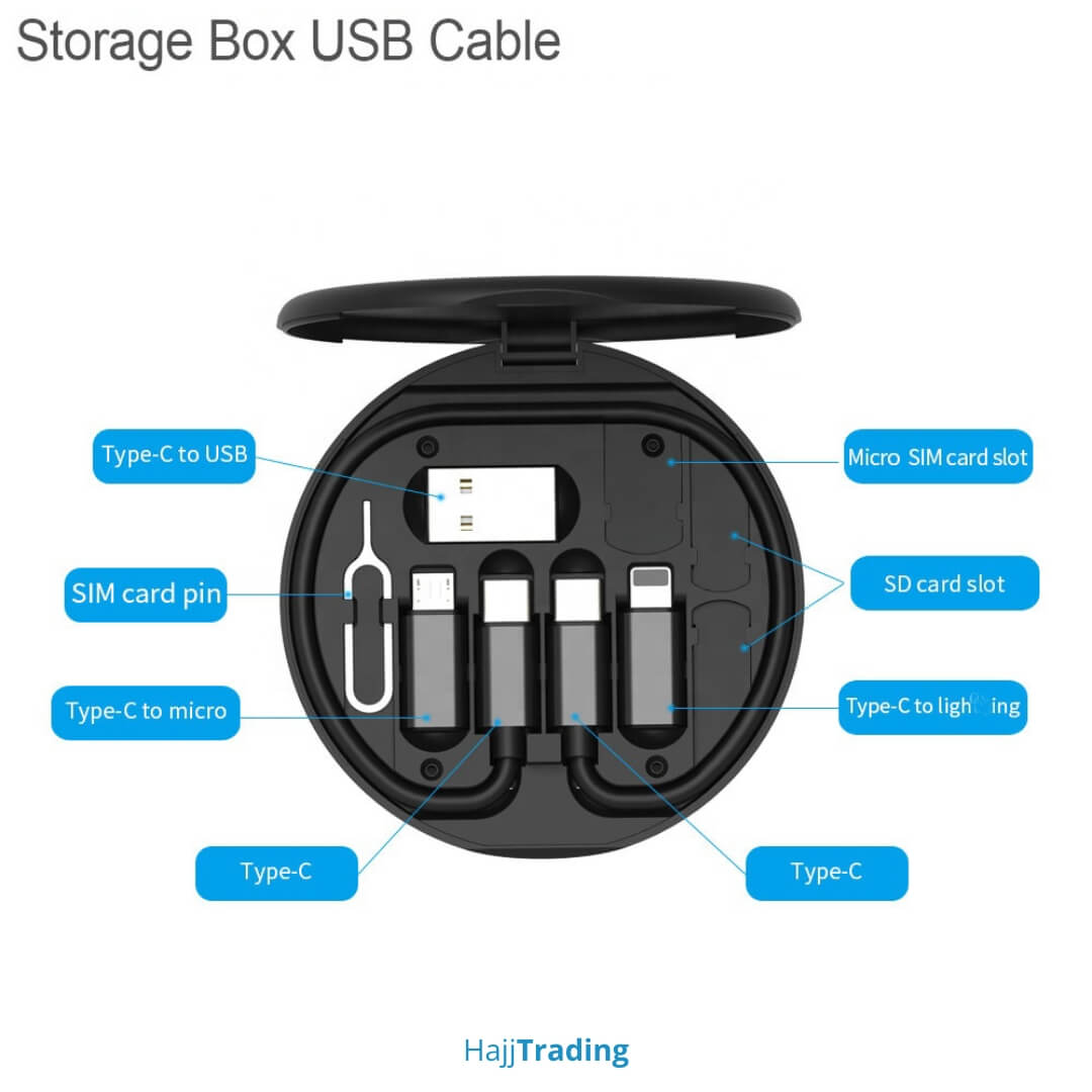 6-in-1 Portable Storage Box – SIM, Cable, Converters & Phone Stand