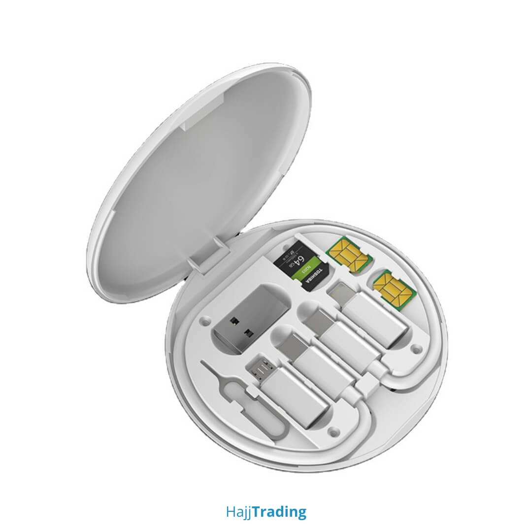 6-in-1 Portable Storage Box – SIM, Cable, Converters & Phone Stand
